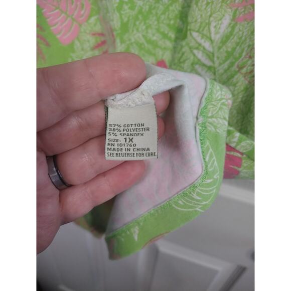 Palm Harbour Woman 1X Tee Green/Pink Leaf Short Sleeve Pullover Stretch Casual - Picture 5 of 7